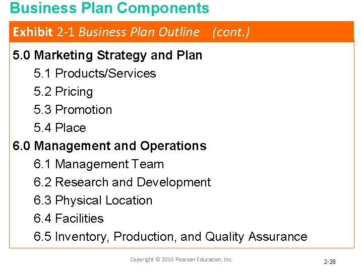 Business Plan Components Exhibit 2 -1 Business Plan Outline (cont. ) 5. 0 Marketing