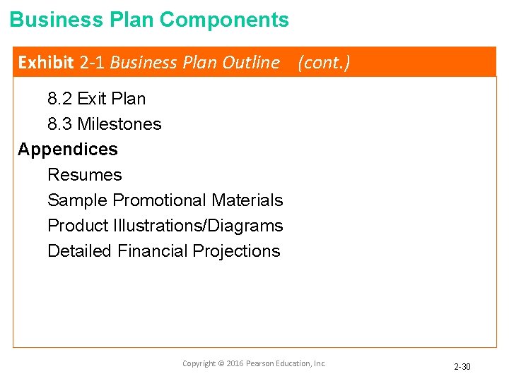 Business Plan Components Exhibit 2 -1 Business Plan Outline (cont. ) 8. 2 Exit