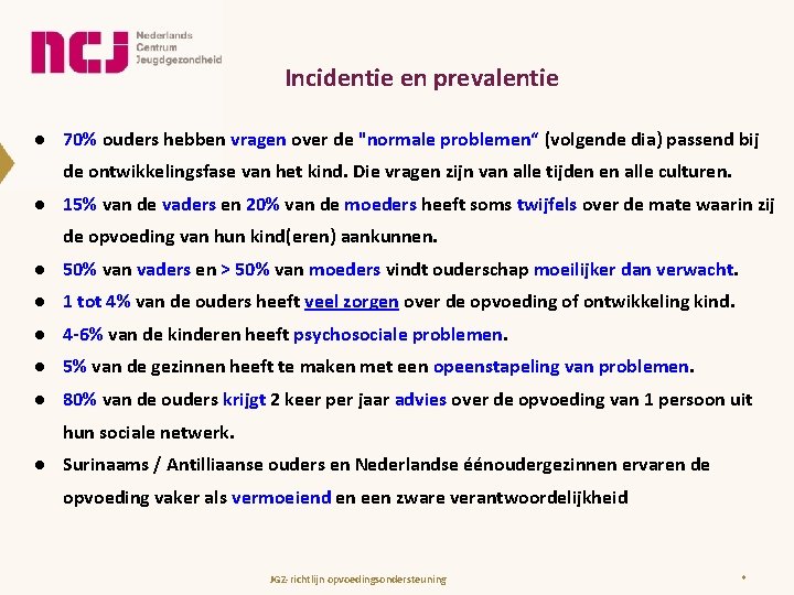 Incidentie en prevalentie ● 70% ouders hebben vragen over de "normale problemen“ (volgende dia)