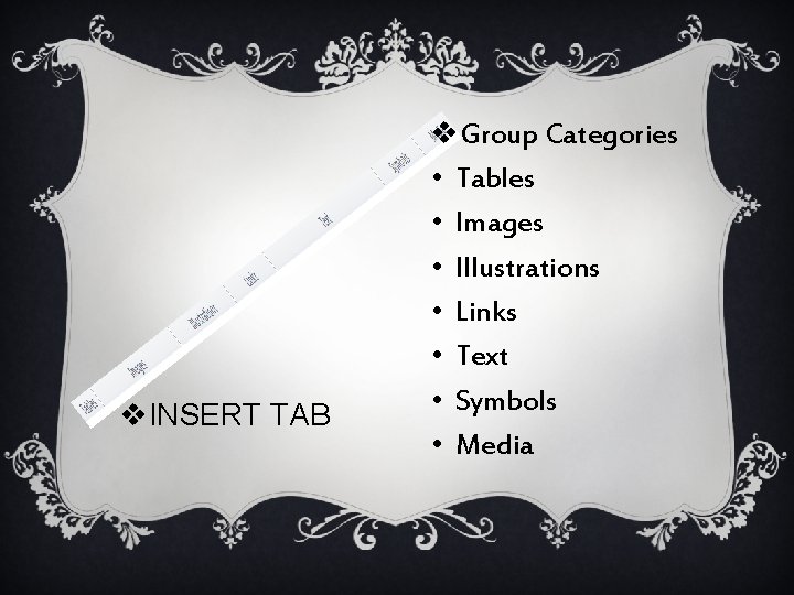 v. INSERT TAB v. Group Categories • Tables • Images • Illustrations • Links