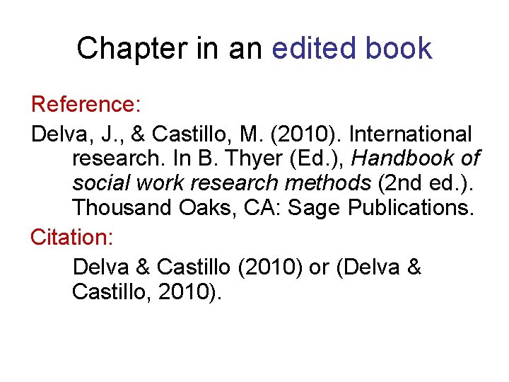 Chapter in an edited book Reference: Delva, J. , & Castillo, M. (2010). International