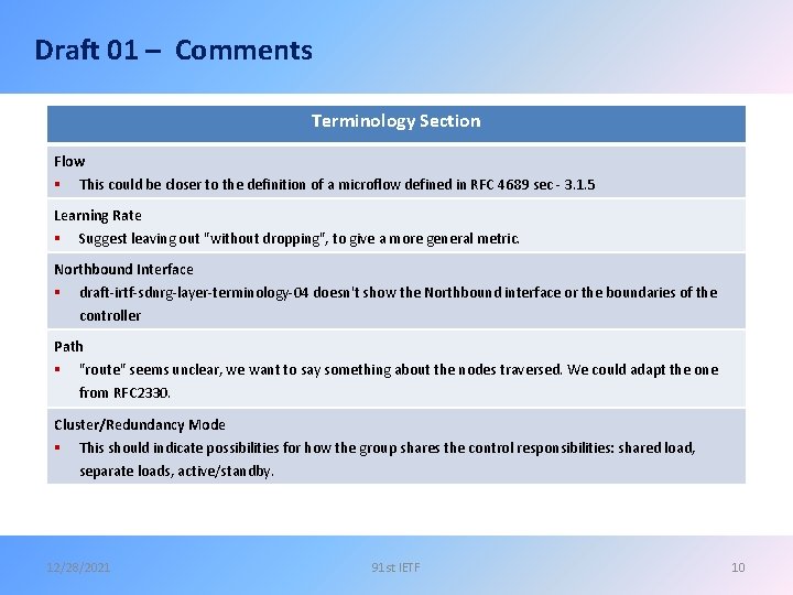 Draft 01 – Comments Terminology Section Flow § This could be closer to the