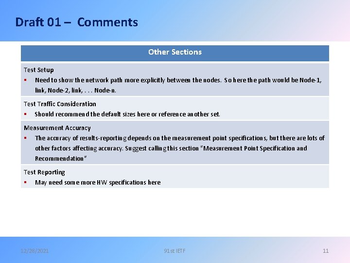 Draft 01 – Comments Other Sections Test Setup § Need to show the network