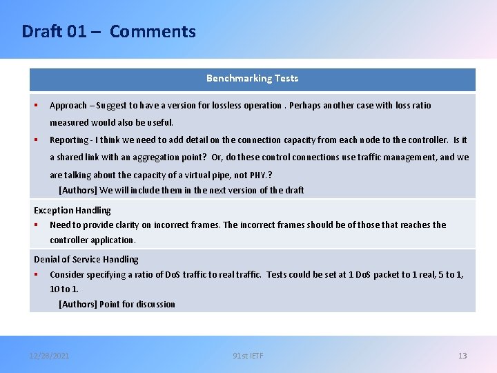 Draft 01 – Comments Benchmarking Tests § Approach – Suggest to have a version