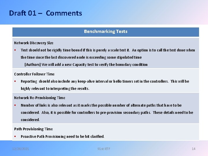 Draft 01 – Comments Benchmarking Tests Network Discovery Size § Test should not be