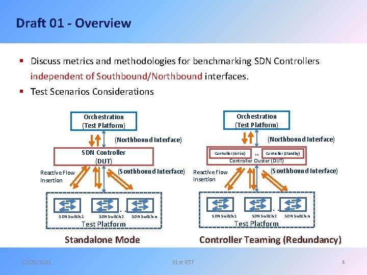Draft 01 - Overview § Discuss metrics and methodologies for benchmarking SDN Controllers independent