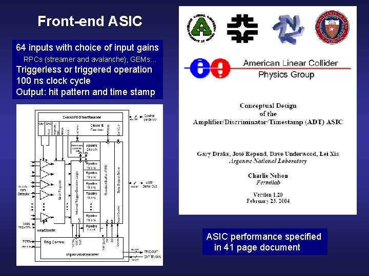 Front-end ASIC 64 inputs with choice of input gains RPCs (streamer and avalanche), GEMs…