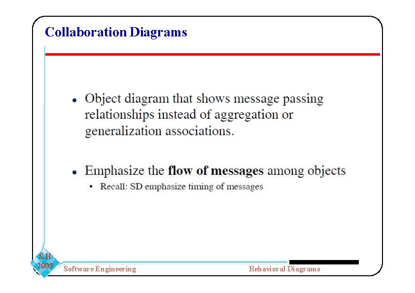 Collaboration Diagrams S. H 2009 Software Engineering Behavioral Diagrams Collaboration Diagrams S. H 2009 Software Engineering Behavioral Diagrams