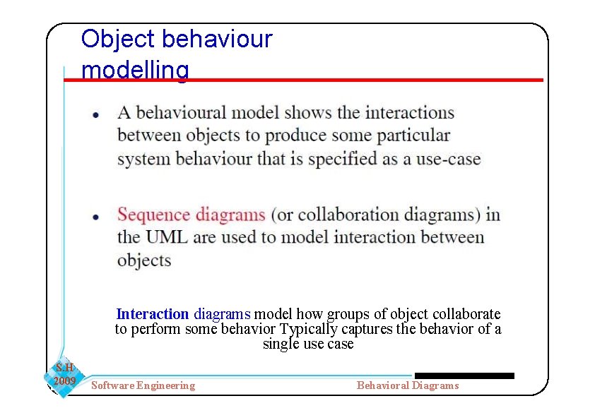 Object behaviour modelling Interaction diagrams model how groups of object collaborate to perform some Object behaviour modelling Interaction diagrams model how groups of object collaborate to perform some