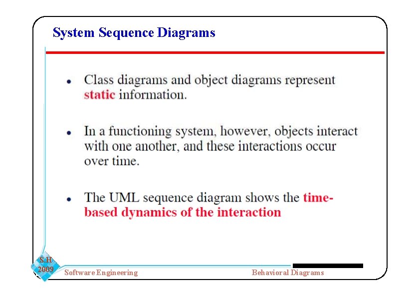 System Sequence Diagrams S. H 2009 Software Engineering Behavioral Diagrams System Sequence Diagrams S. H 2009 Software Engineering Behavioral Diagrams