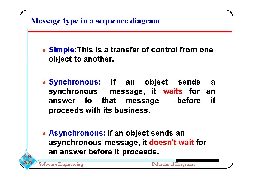 Message type in a sequence diagram ● Simple: This is a transfer of control Message type in a sequence diagram ● Simple: This is a transfer of control