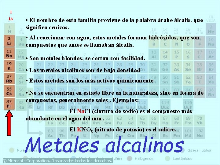 1 IA • El nombre de esta familia proviene de la palabra árabe álcalis,
