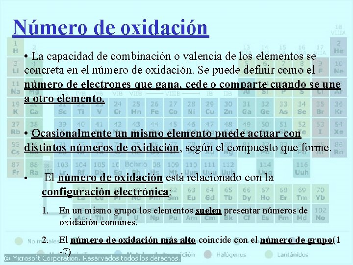Número de oxidación • La capacidad de combinación o valencia de los elementos se