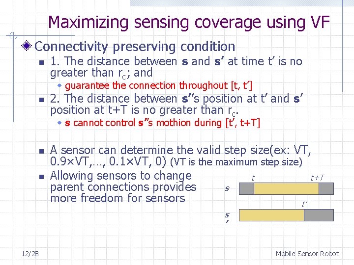 Maximizing sensing coverage using VF Connectivity preserving condition n 1. The distance between s