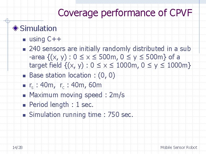 Coverage performance of CPVF Simulation n n n 14/28 using C++ 240 sensors are