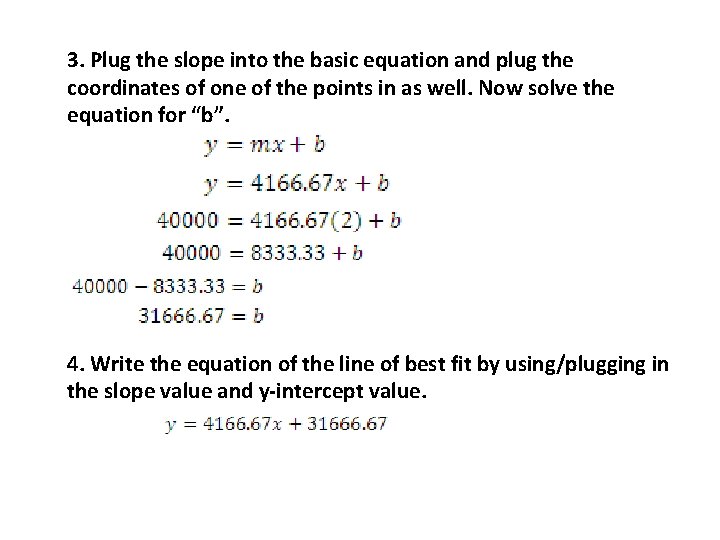 3. Plug the slope into the basic equation and plug the coordinates of one 3. Plug the slope into the basic equation and plug the coordinates of one