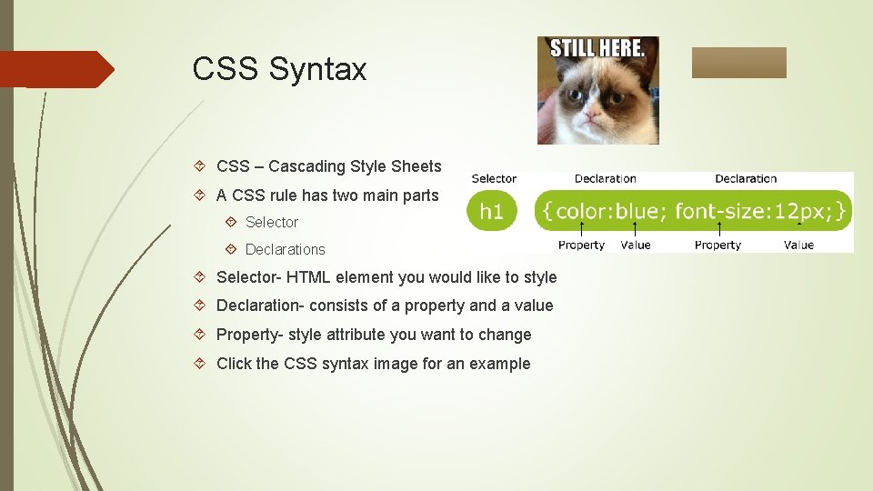 CSS Syntax CSS – Cascading Style Sheets A CSS rule has two main parts