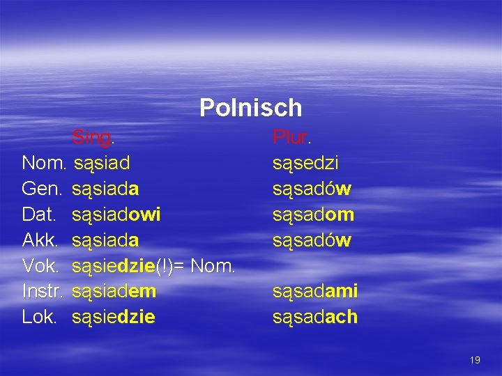 Polnisch Sing. Nom. sąsiad Gen. sąsiada Dat. sąsiadowi Akk. sąsiada Vok. sąsiedzie(!)= Nom. Instr.