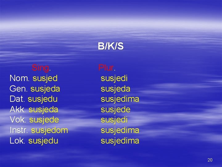 B/K/S Sing. Nom. susjed Gen. susjeda Dat. susjedu Akk. susjeda Vok. susjede Instr. susjedom