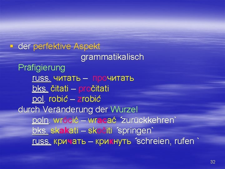 § der perfektive Aspekt grammatikalisch Präfigierung russ. читать – прочитать bks. čitati – pročitati