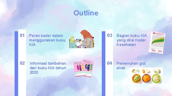 Outline 01 Peran kader dalam 03 Bagian buku KIA yang diisi Kader Kesehatan 04