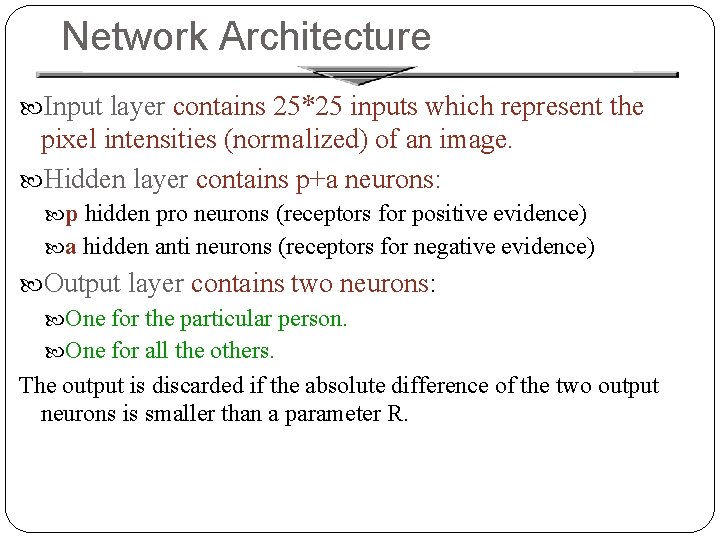 Network Architecture Input layer contains 25*25 inputs which represent the pixel intensities (normalized) of