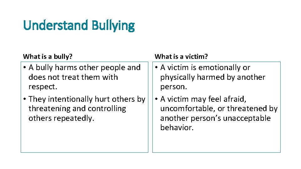 Understand Bullying What is a bully? What is a victim? • A bully harms
