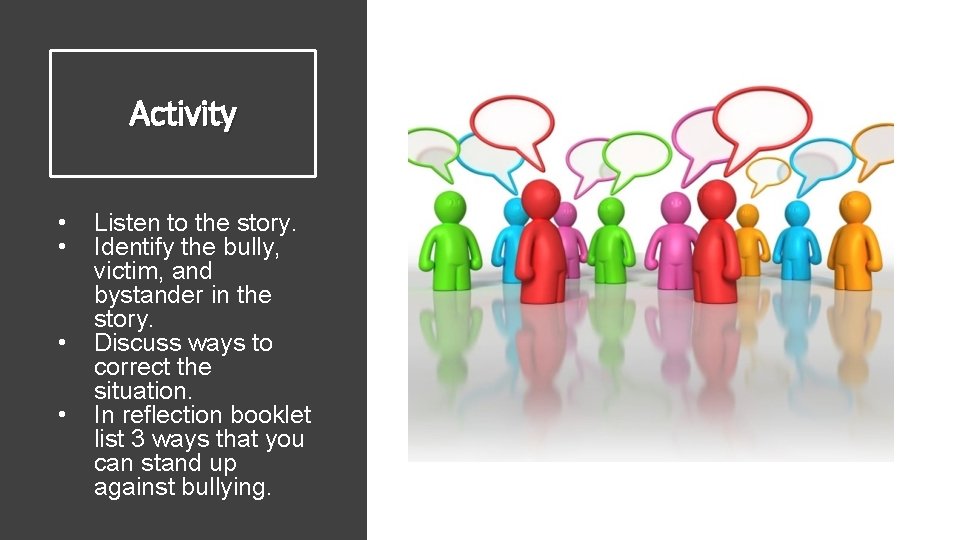 Activity • • Listen to the story. Identify the bully, victim, and bystander in