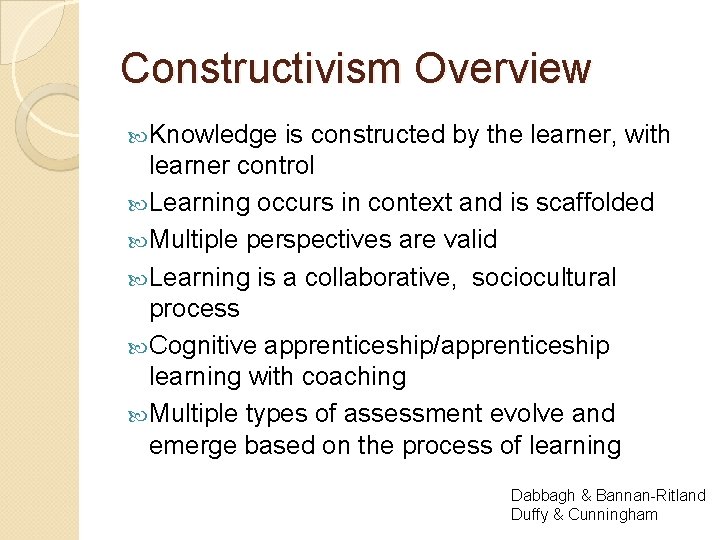 Constructivism Overview Knowledge is constructed by the learner, with learner control Learning occurs in
