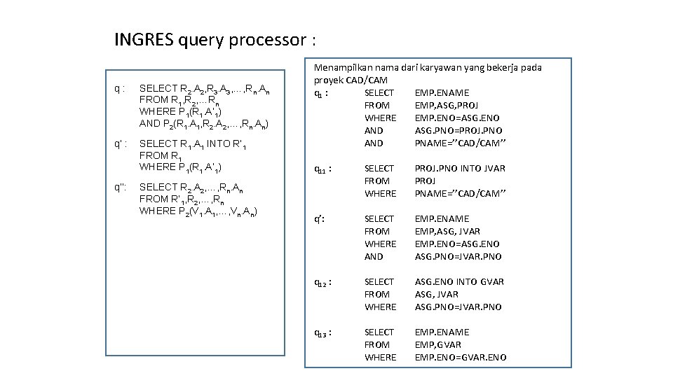 INGRES query processor : q: SELECT R 2. A 2, R 3. A 3,