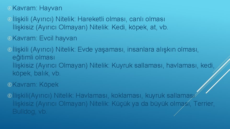  Kavram: Hayvan İlişkili (Ayırıcı) Nitelik: Hareketli olması, canlı olması İlişkisiz (Ayırıcı Olmayan) Nitelik: