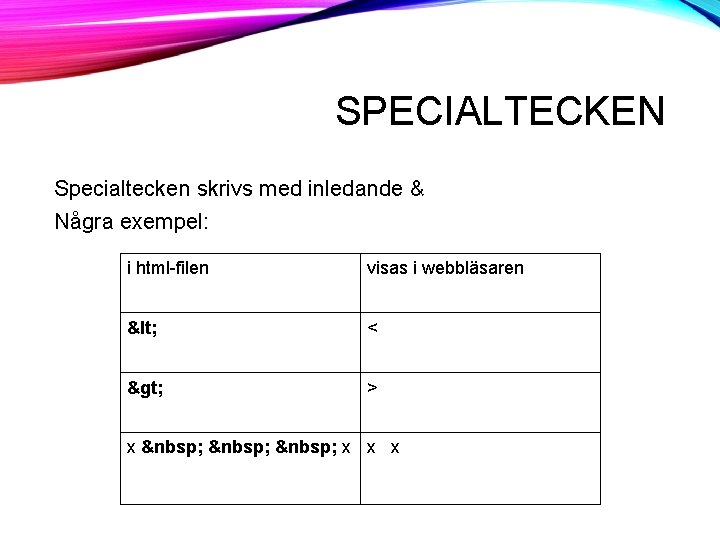 SPECIALTECKEN Specialtecken skrivs med inledande & Några exempel: i html-filen visas i webbläsaren < SPECIALTECKEN Specialtecken skrivs med inledande & Några exempel: i html-filen visas i webbläsaren <
