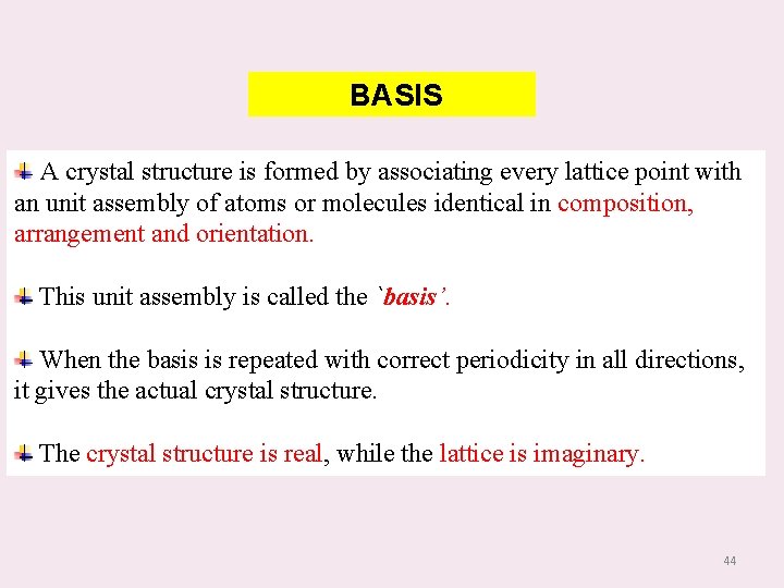 BASIS A crystal structure is formed by associating every lattice point with an unit