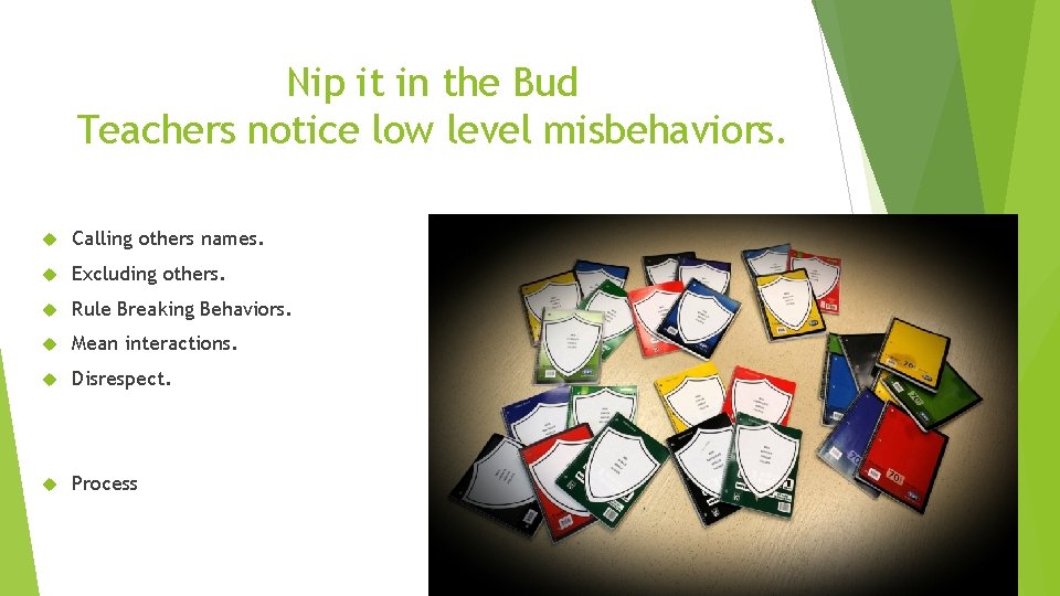 Nip it in the Bud Teachers notice low level misbehaviors. Calling others names. Excluding