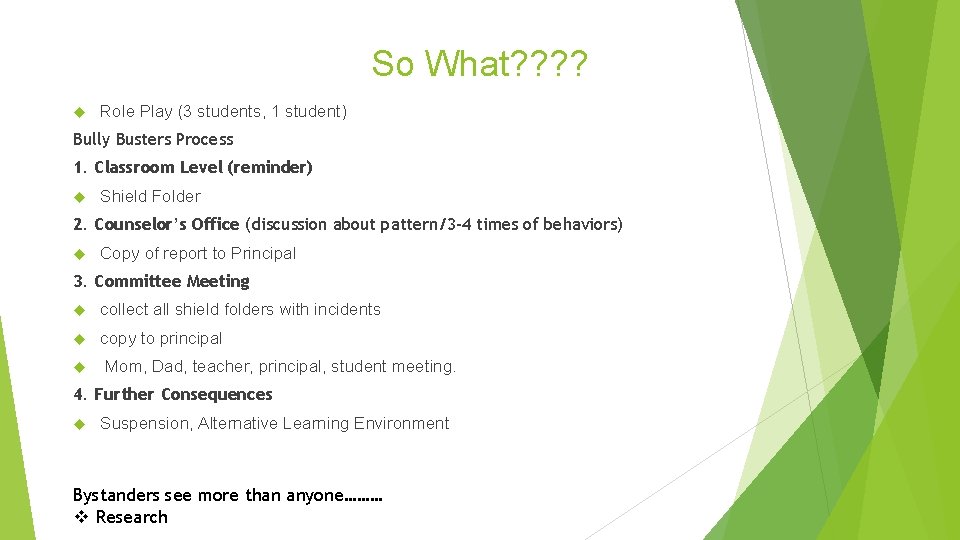 So What? ? Role Play (3 students, 1 student) Bully Busters Process 1. Classroom