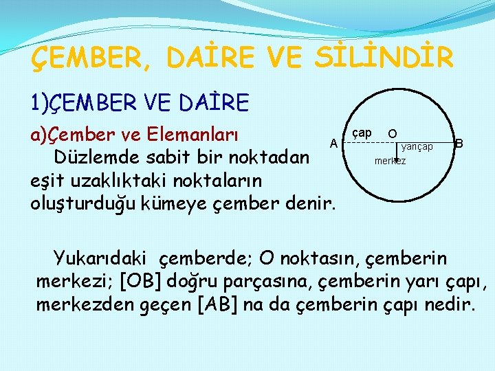 ÇEMBER, DAİRE VE SİLİNDİR 1)ÇEMBER VE DAİRE a)Çember ve Elemanları A Düzlemde sabit bir