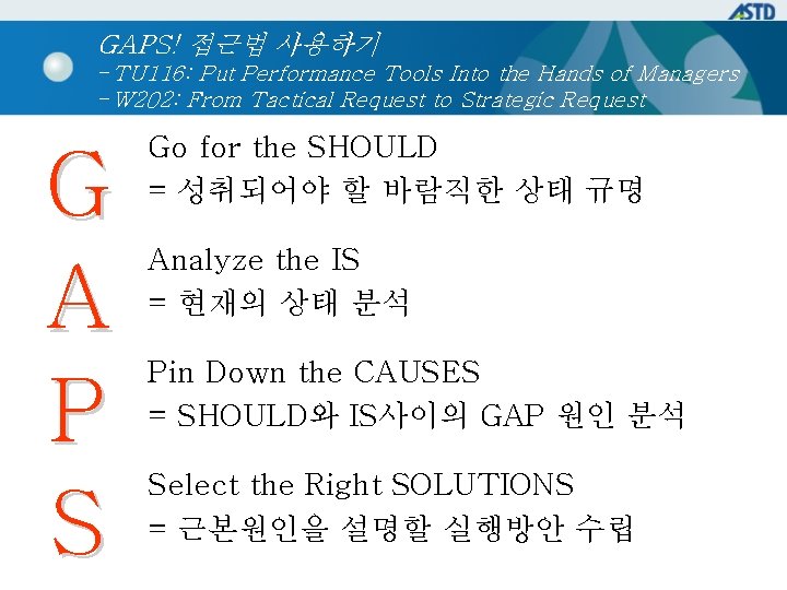 GAPS! 접근법 사용하기 -TU 116: Put Performance Tools Into the Hands of Managers -W