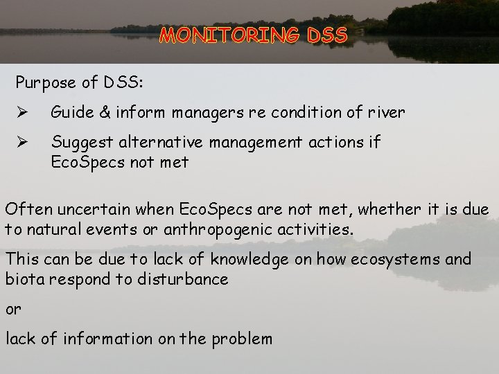 MONITORING DSS Purpose of DSS: Ø Guide & inform managers re condition of river
