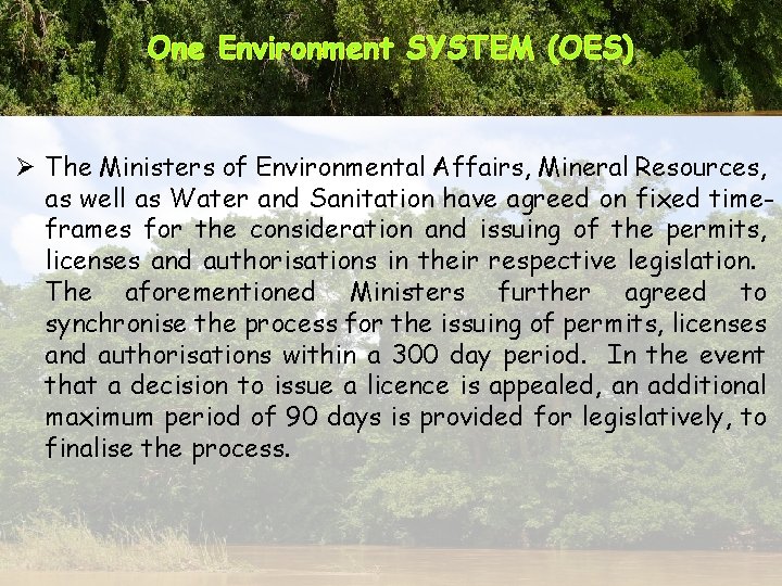 One Environment SYSTEM (OES) Ø The Ministers of Environmental Affairs, Mineral Resources, as well
