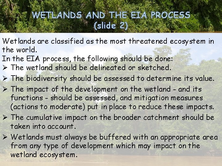 WETLANDS AND THE EIA PROCESS (slide 2) Wetlands are classified as the most threatened