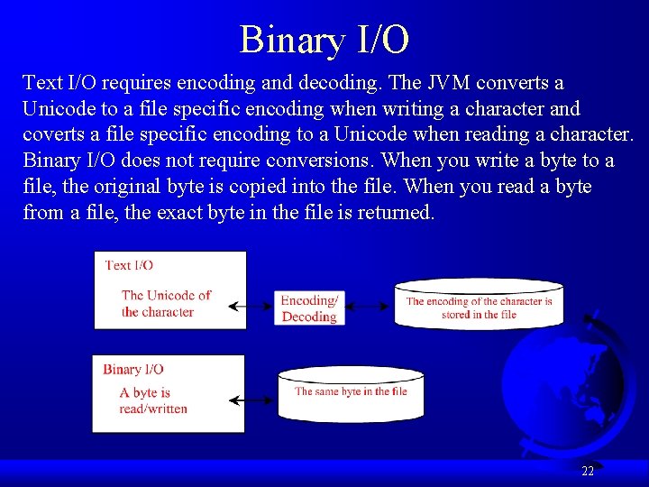 Binary I/O Text I/O requires encoding and decoding. The JVM converts a Unicode to Binary I/O Text I/O requires encoding and decoding. The JVM converts a Unicode to