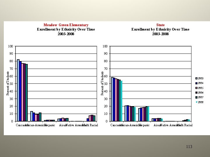 Meadow Green Elementary Enrollment by Ethnicity Over Time 2003 -2008 State Enrollment by Ethnicity
