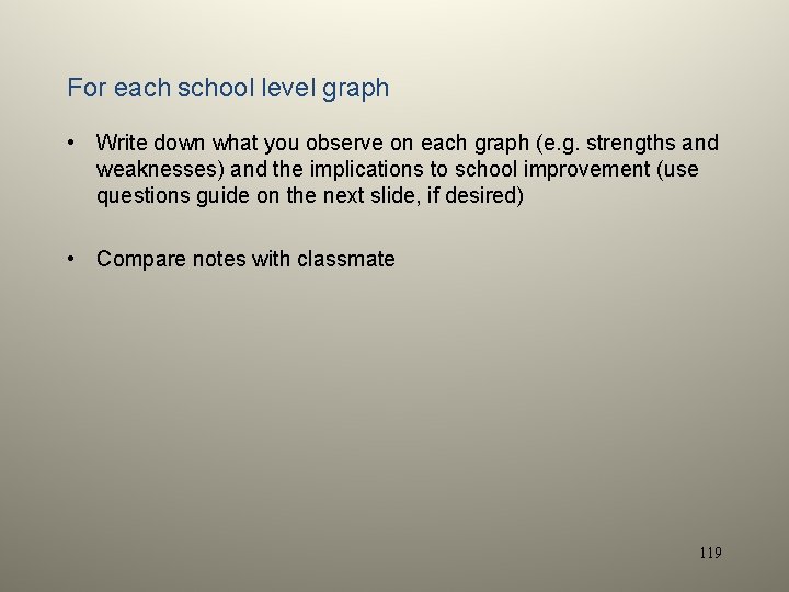 For each school level graph • Write down what you observe on each graph