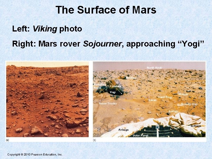 The Surface of Mars Left: Viking photo Right: Mars rover Sojourner, approaching “Yogi” Copyright