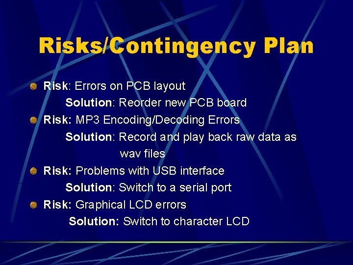 Risks/Contingency Plan Risk: Errors on PCB layout Solution: Reorder new PCB board Risk: MP
