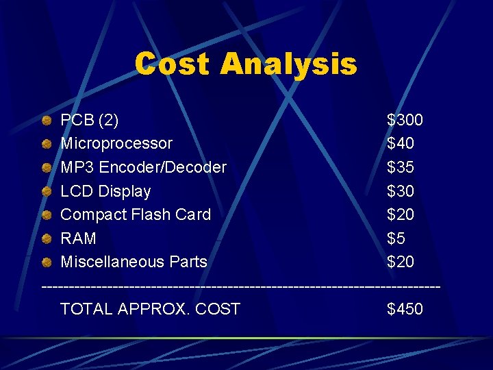 Cost Analysis PCB (2) $300 Microprocessor $40 MP 3 Encoder/Decoder $35 LCD Display $30