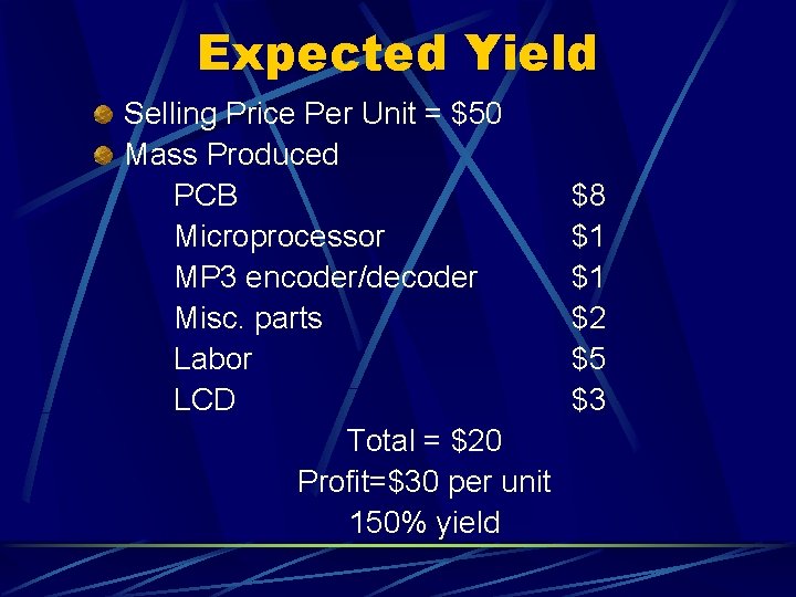 Expected Yield Selling Price Per Unit = $50 Mass Produced PCB Microprocessor MP 3