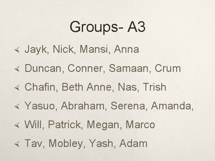 Groups- A 3 Jayk, Nick, Mansi, Anna Duncan, Conner, Samaan, Crum Chafin, Beth Anne,