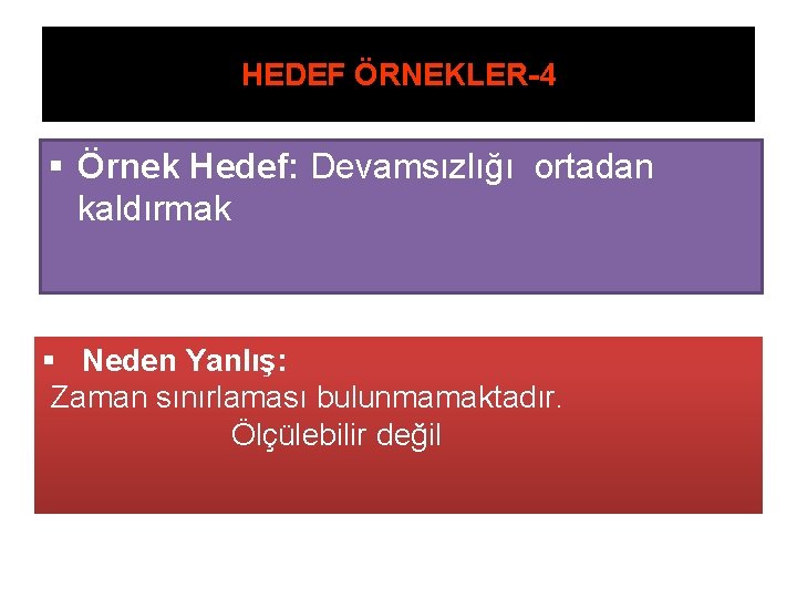 HEDEF ÖRNEKLER-4 § Örnek Hedef: Devamsızlığı ortadan kaldırmak § Neden Yanlış: Zaman sınırlaması bulunmamaktadır.