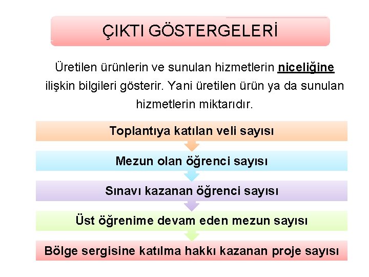 ÇIKTI GÖSTERGELERİ Üretilen ürünlerin ve sunulan hizmetlerin niceliğine ilişkin bilgileri gösterir. Yani üretilen ürün